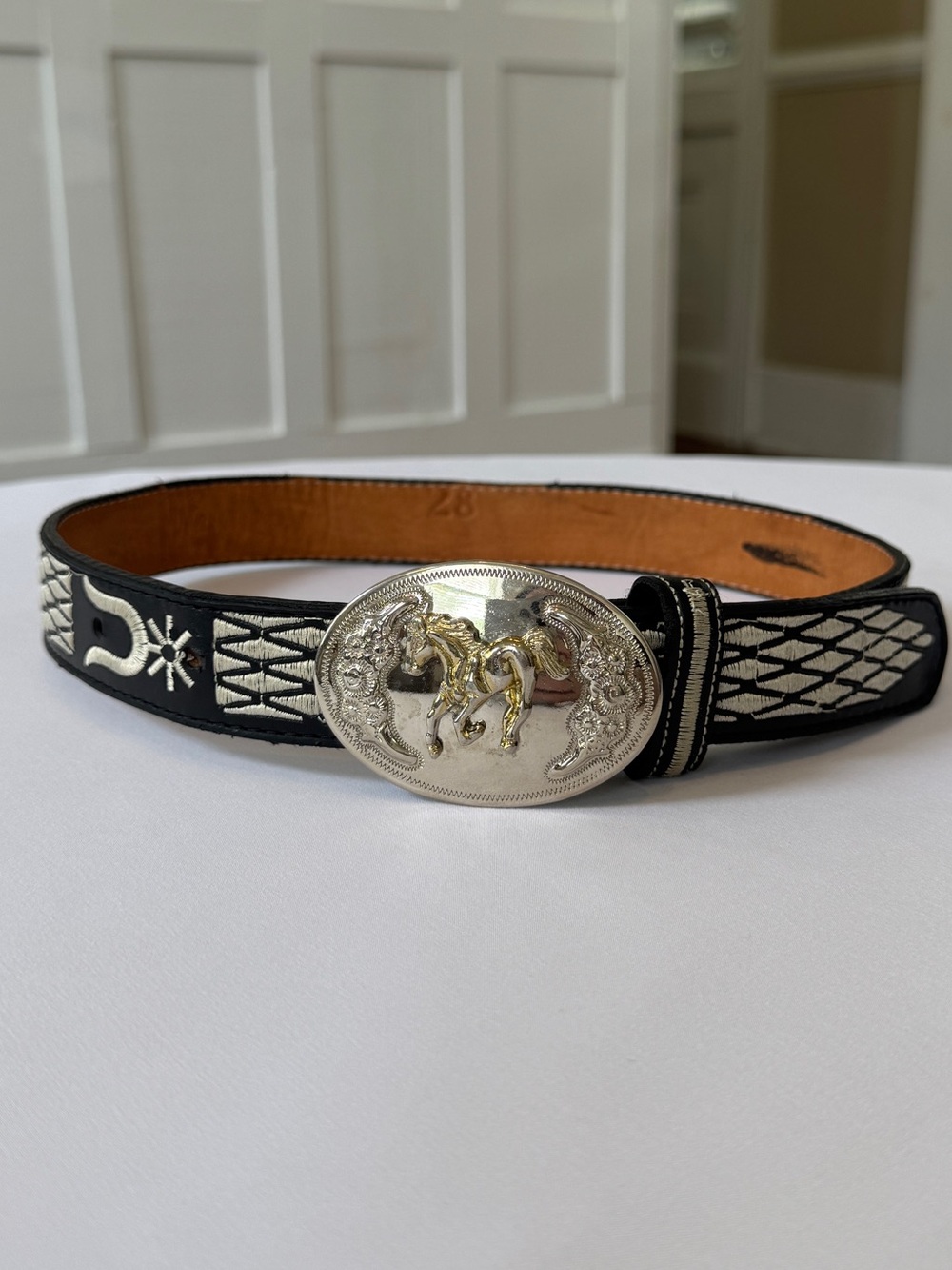 Nava Black Leather Embroidered Western Belt Silver Plate Buckle Horse Mexico 28"
